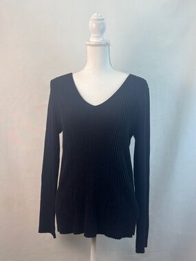 Alfani Black Metallic Ribbed V-Neck Sweater Rayon Blend Knit Size M